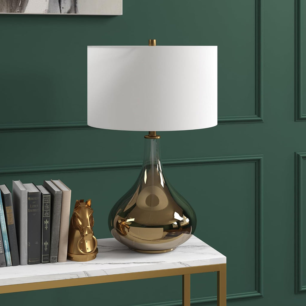 25" Modern 1-Light Table Lamp with White Fabric Drum Shade, or Office, Chromed Brass
