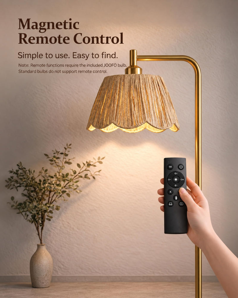 Boho Brushed Gold Floor Lamp with Remote, Flower-Inspired Shade