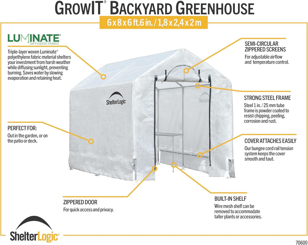 6' x 8' x 6.5' GrowIT Greenhouse Peak Roof Style Backyard Grow House with Integrated Shelving