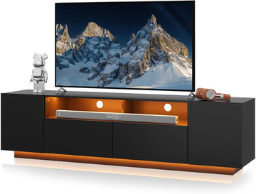 LED TV Stand with Large Storage Cabinet, Modern Entertainment Center for 55/60/65/70/75 Inch TVs, Sturdy TV Console