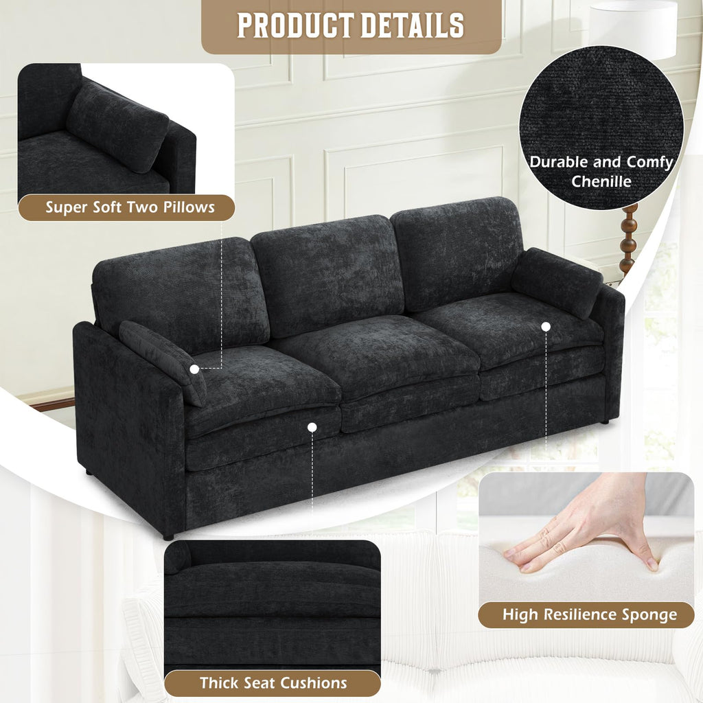 89" Chenille Soft Sofa w/Well-Filled Backrests, Black