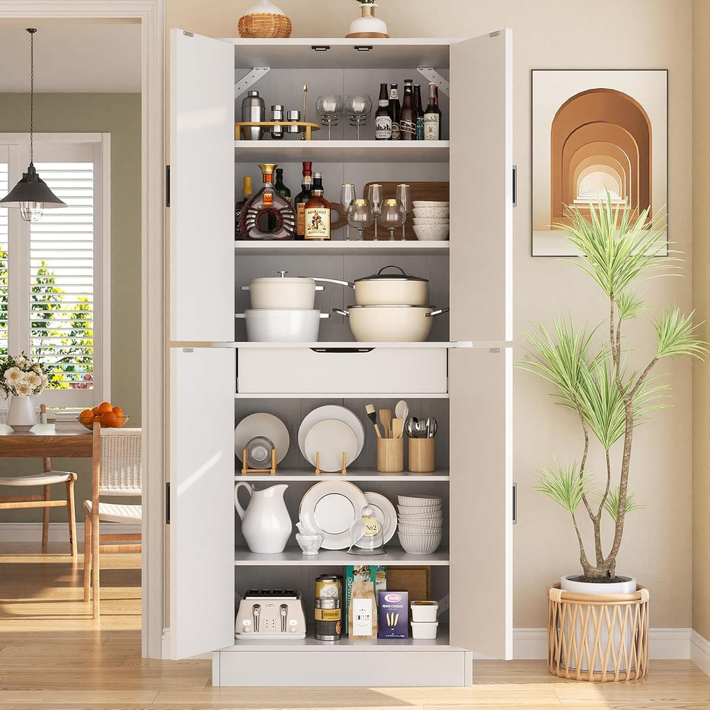 71" Tall Kitchen Pantry Storage Cabinet with Farmhouse Barn Doors and Storage Drawer, 4 Adjustable Shelves