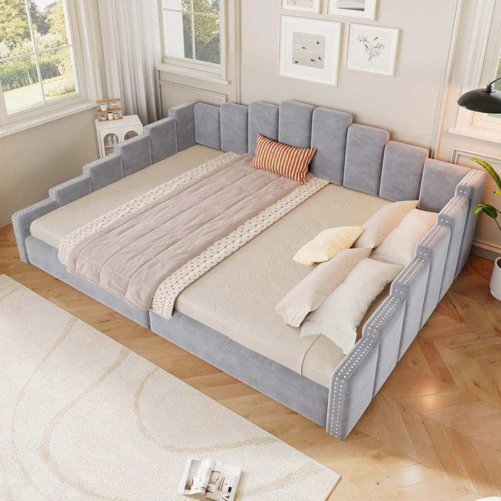Queen Size Upholstered Daybed with Nailhead Trim Armrest, Gray | Velvet Vertical Channel Tufted Day Bed with
