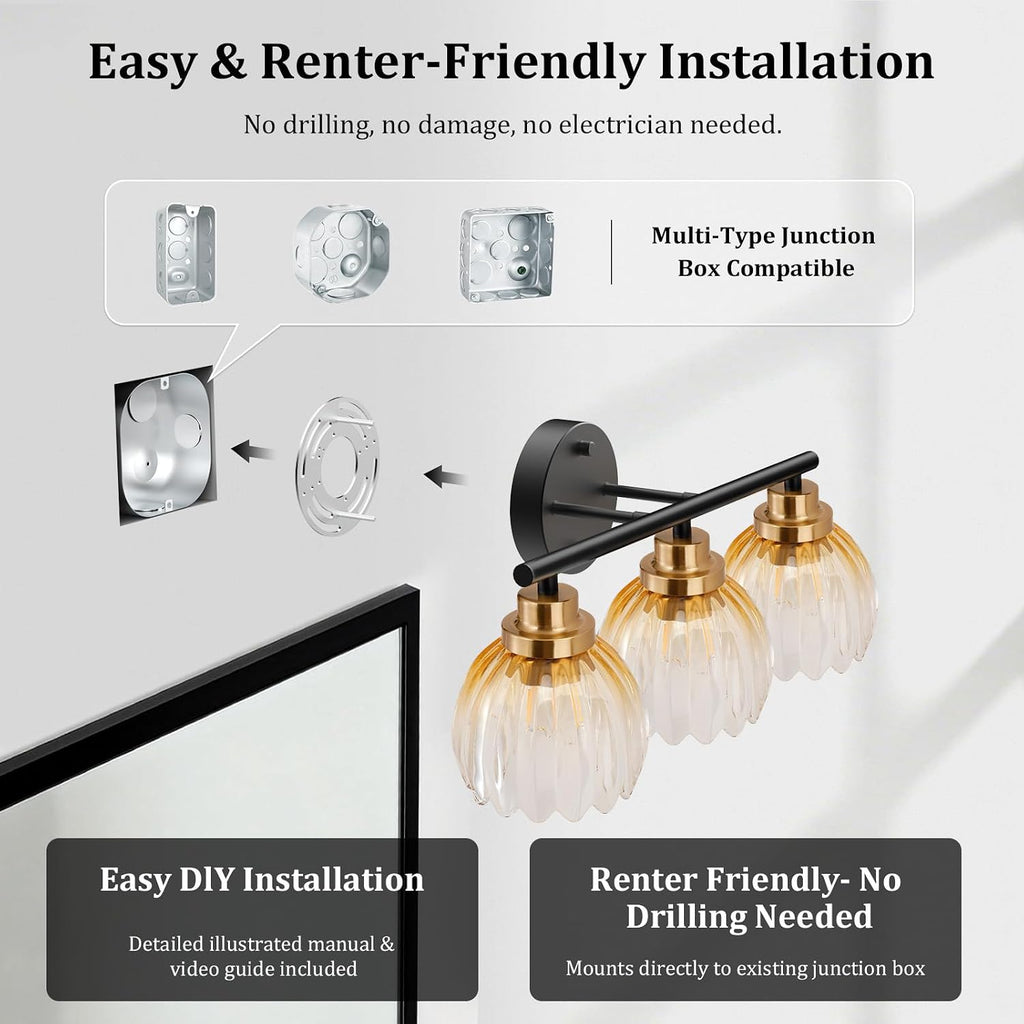 Black Gold 3-Light Bathroom Vanity Light with Amber Tulip GlassShade | Modern Vanity Lighting Fixtures, Bathroom