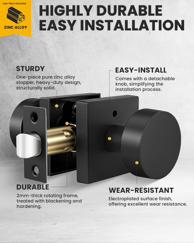 Black Door Knobs Interior, Zinc Alloy Privacy Door Knob , Matte Black Interior Door Knobs with Emergency Release