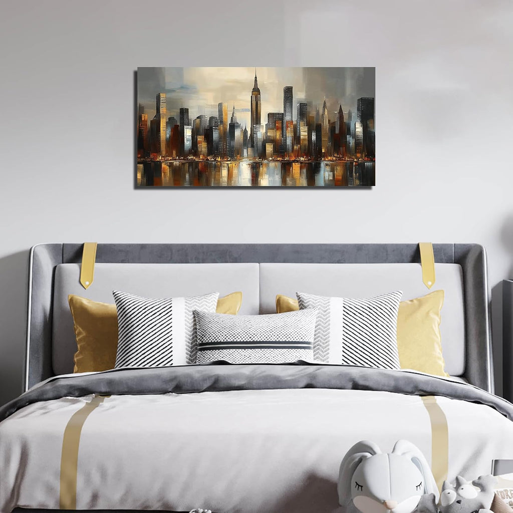 City Wall Art , Gold and Grey Wall-Decor , Modern Cityscape Poster Canvas Print