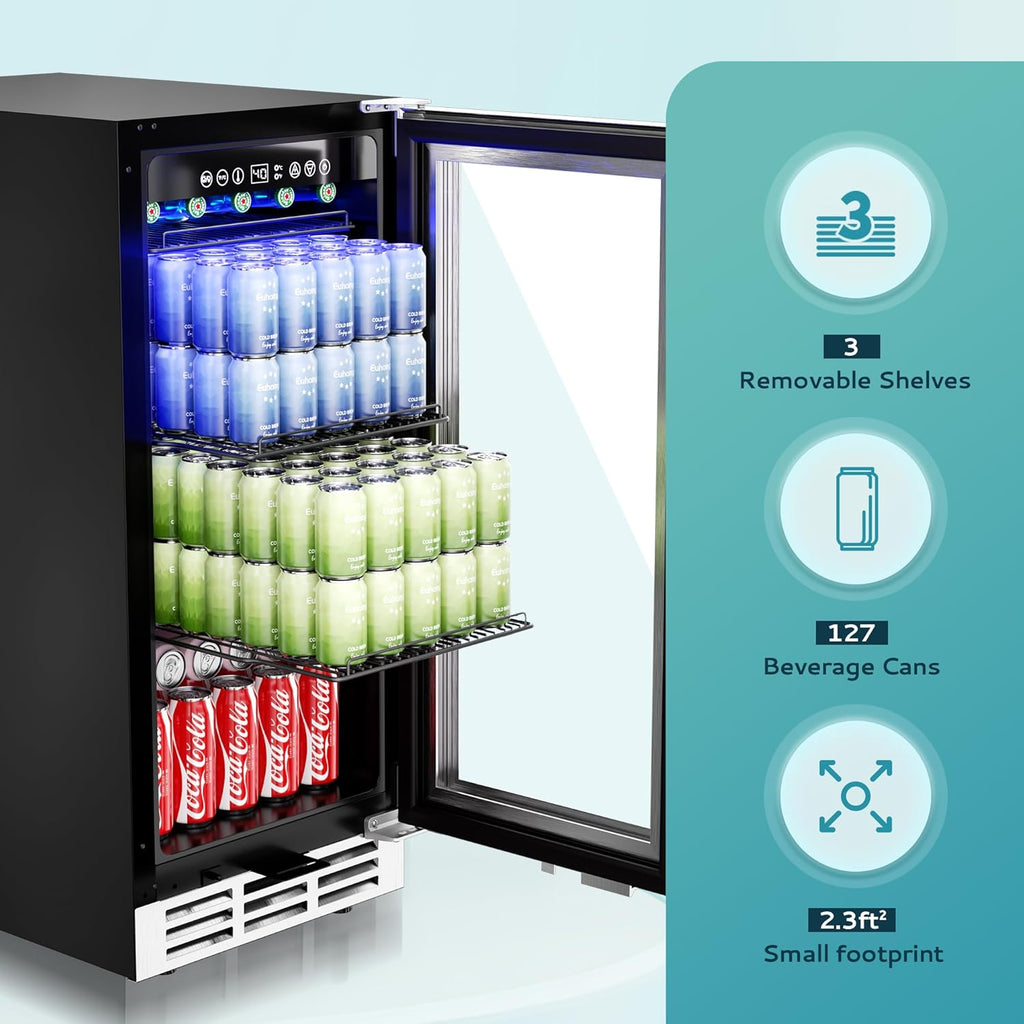 15 Inch Beverage Refrigerator Cooler Under Counter 127 Cans Beverage Fridge Buil