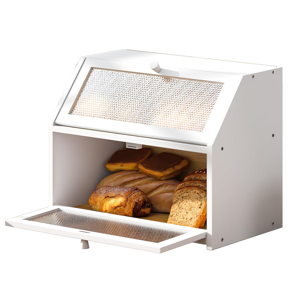 Bread Box - Countertop Bin Double Layer Storage Container Extra Large Capacity Farmhouse with Diamond Pattern Windows (White