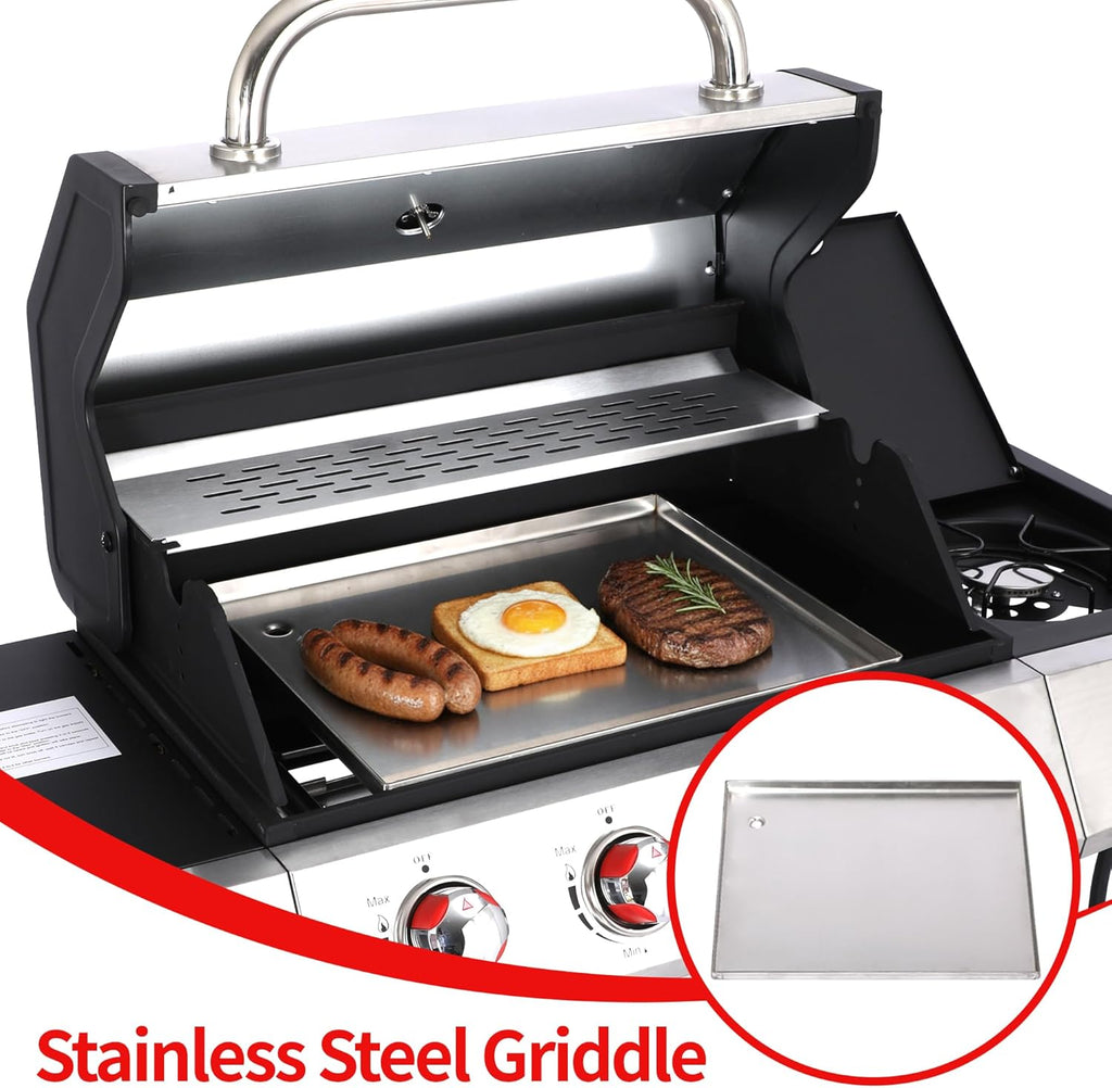 Propane and Charcoal Grill Combo with Griddle, 4-Burner Gas Grill with Cast Iron Grates, Side Burner and Prep Space