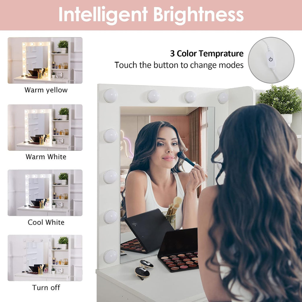 Makeup Vanity with Lights, 37inch Vanity Desk with Power Strip, 4 Drawers Makeup Table with Lighted Mirror, 3