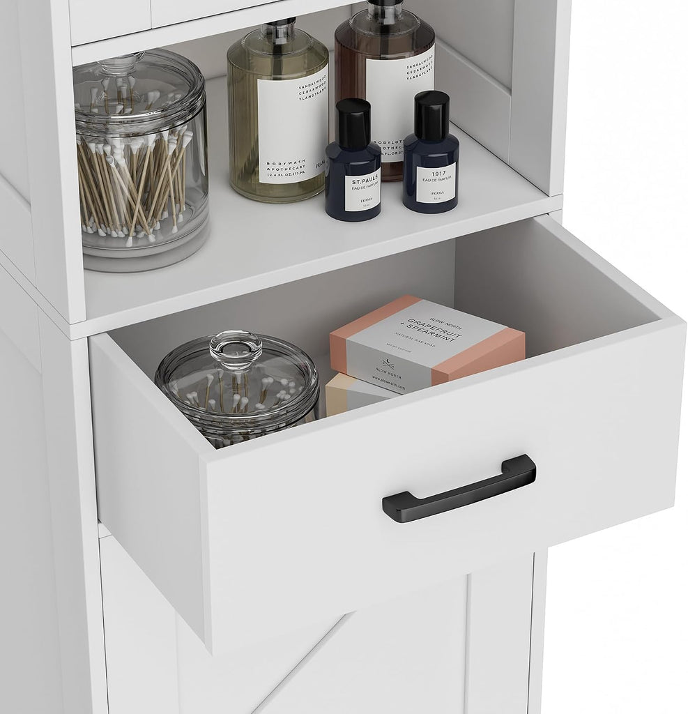 67" H Tall Bathroom Storage Cabinet with Barn Doors and Drawer | Narrow Storage Unit with Adjustable Shelves, Floor
