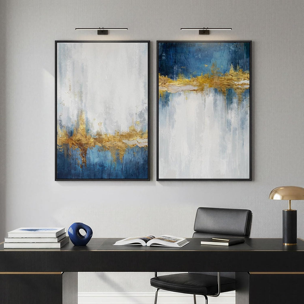 Framed Blue and White Abstract Wall Art , Set of 2 Large Gold Modern Luxury Canvas Artwork for Walls, Contemporary