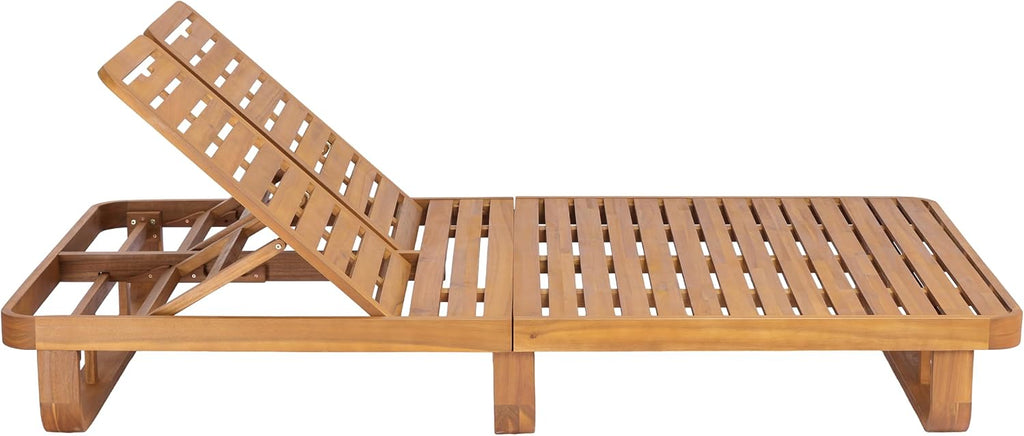 Double Acacia Wood Chaise Lounge with Dual Adjustable Backrests, Patio Outdoor Chaise Lounge, Wooden Sunbathing Pool