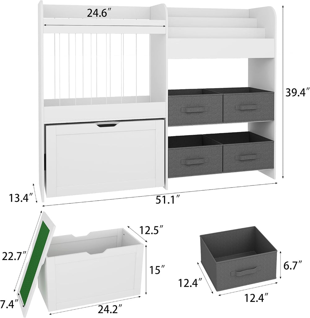 51.1" W Large Toy Storage Organizer with Stuffed Animal Storage, Kids Bookshelf with 4 Removable Toy Bins, Movable