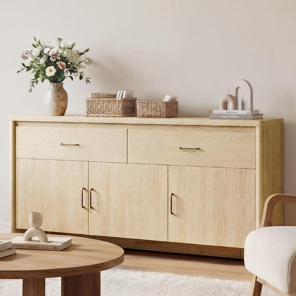 59" Sideboard Buffet Cabinet with Storage, Wood Kitchen Storage Cabinet with Adjustable Shelves & Drawers, Mid