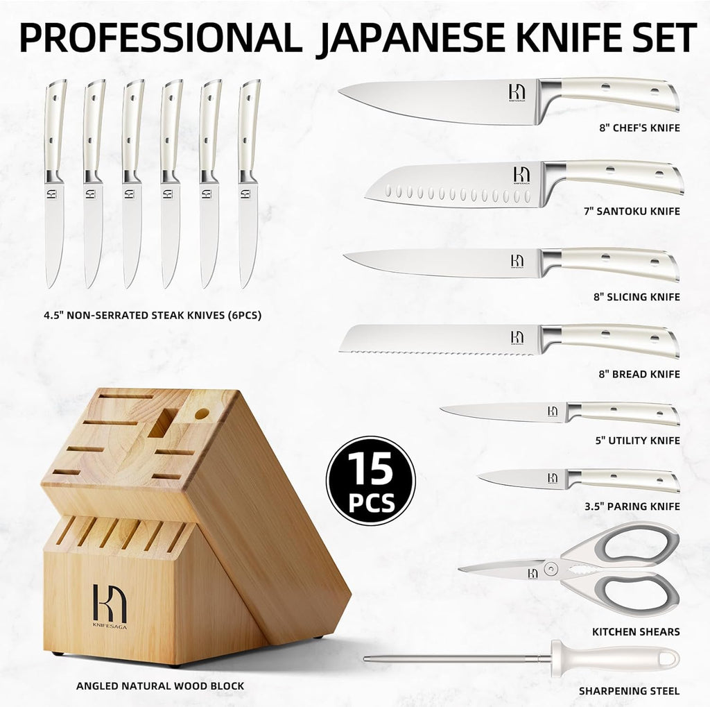 Japanese 15-pc Kitchen Knife Block Set, Professional, Razor Sharp | Innovative Steel, High Carbon Stainless, Enduring