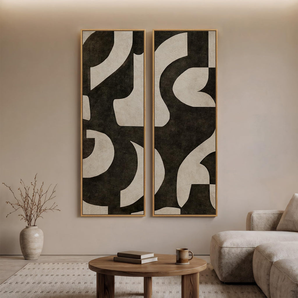 Large Framed Neutral Black Beige Abstract Vertical Wall Art Decor, 2 Pieces