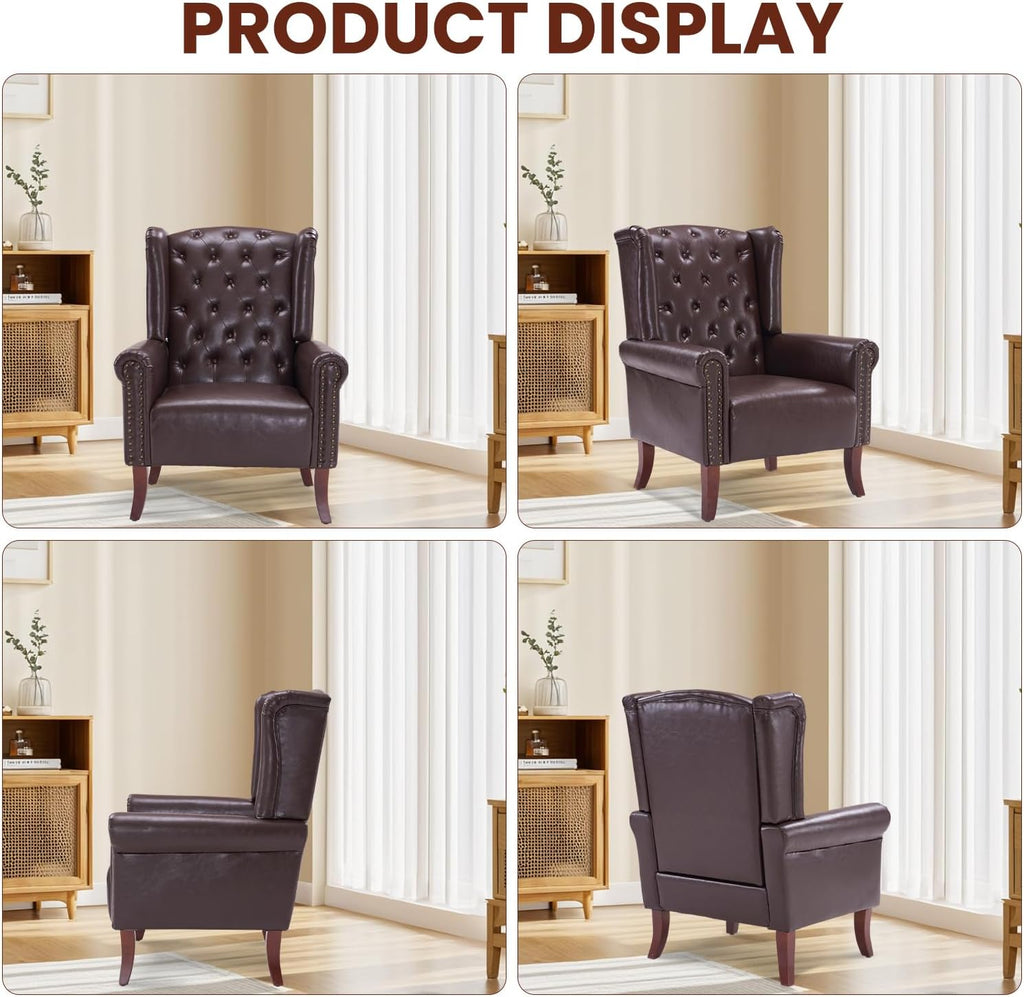 PU Leather Accent Chair Modern Wingback Armchair Club Sofa Chair High Back Living Room Chair , Lounge (Caramel)