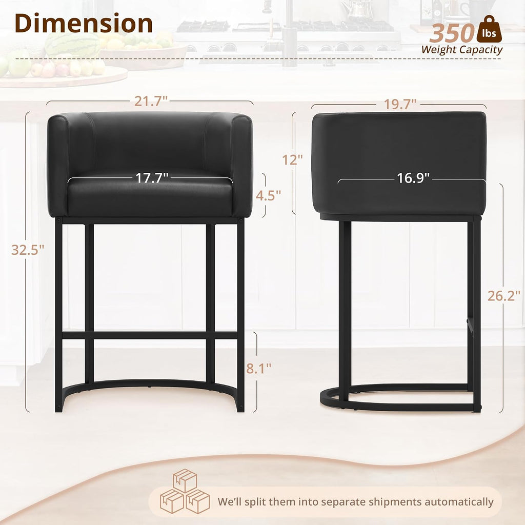 Counter Height Bar Stools Set of 4, Modern Barrel Counter Stools with Backrest and Arms, Black Metal Frames, Faux