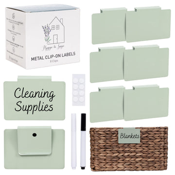 Metal Non-Slip Basket Labels Clip On for Storage Bins, or Wire Racks | Includes 8 Labels, 8 Non-Slip Pads, and 2 Free
