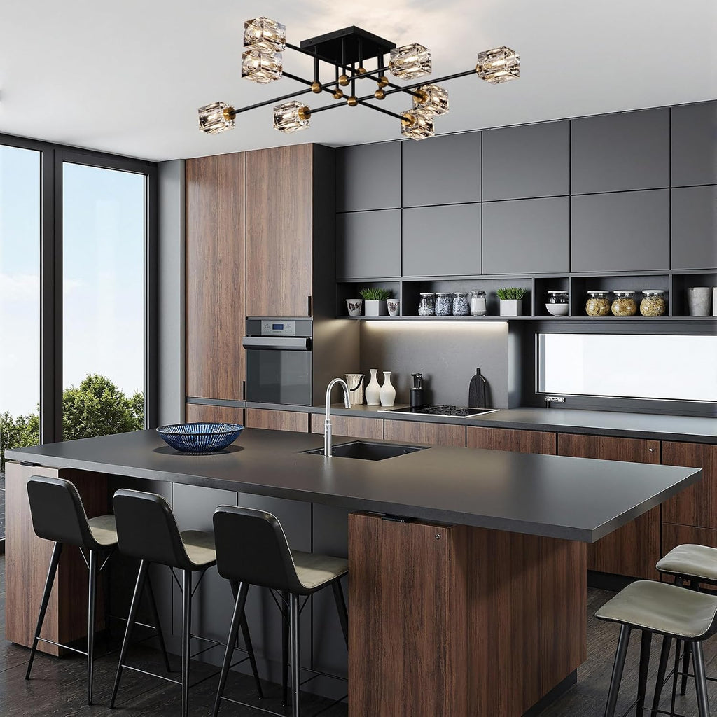 8-Light Crystal Ceiling Light Fixture Black and Gold Semi Flush Mount Ceiling Light Modern Chandeliers for Dining