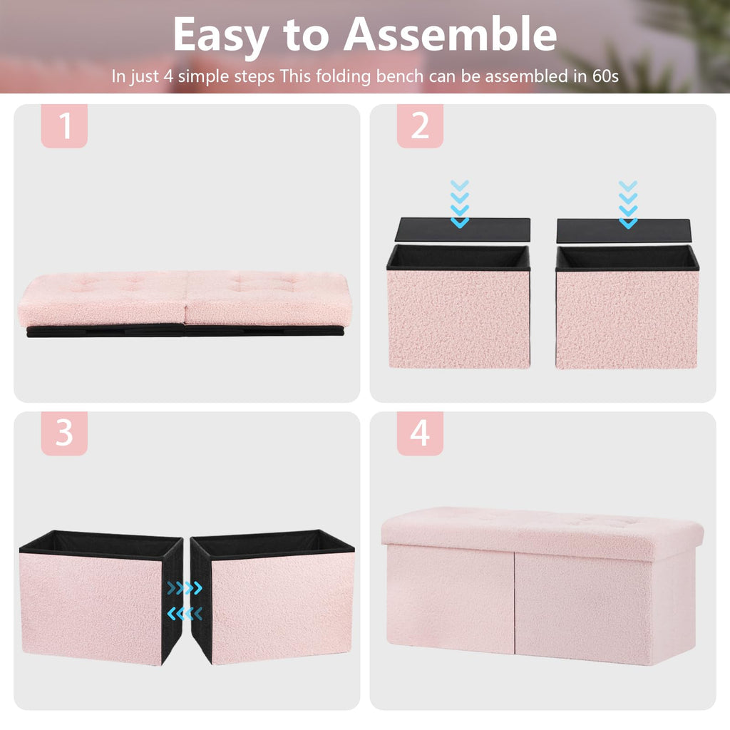 Storage Ottoman Bench, 34" Teddy Velvet Folding Foot Rest, Pink