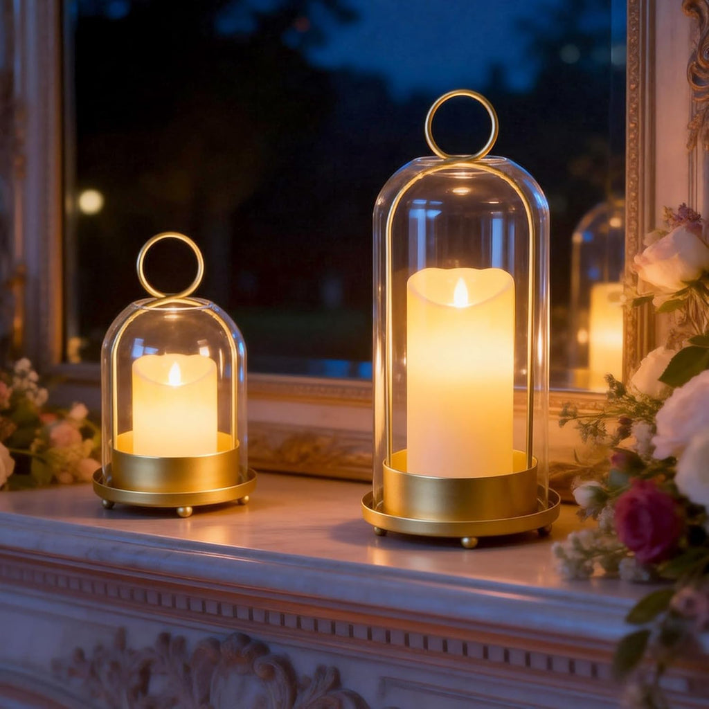 5" & 4" Hurricane Glass Candle Holders, Set of 2 Metal Candle Holder with Handmade Sturdy Glass Dome, Candle Lantern