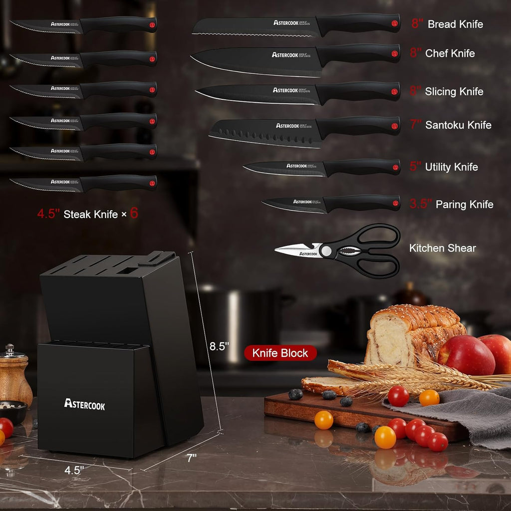Knife Set with Block and Sharpener 15pcs German | Stainless Steel Kitchen Utensils Set Dishwasher Safe