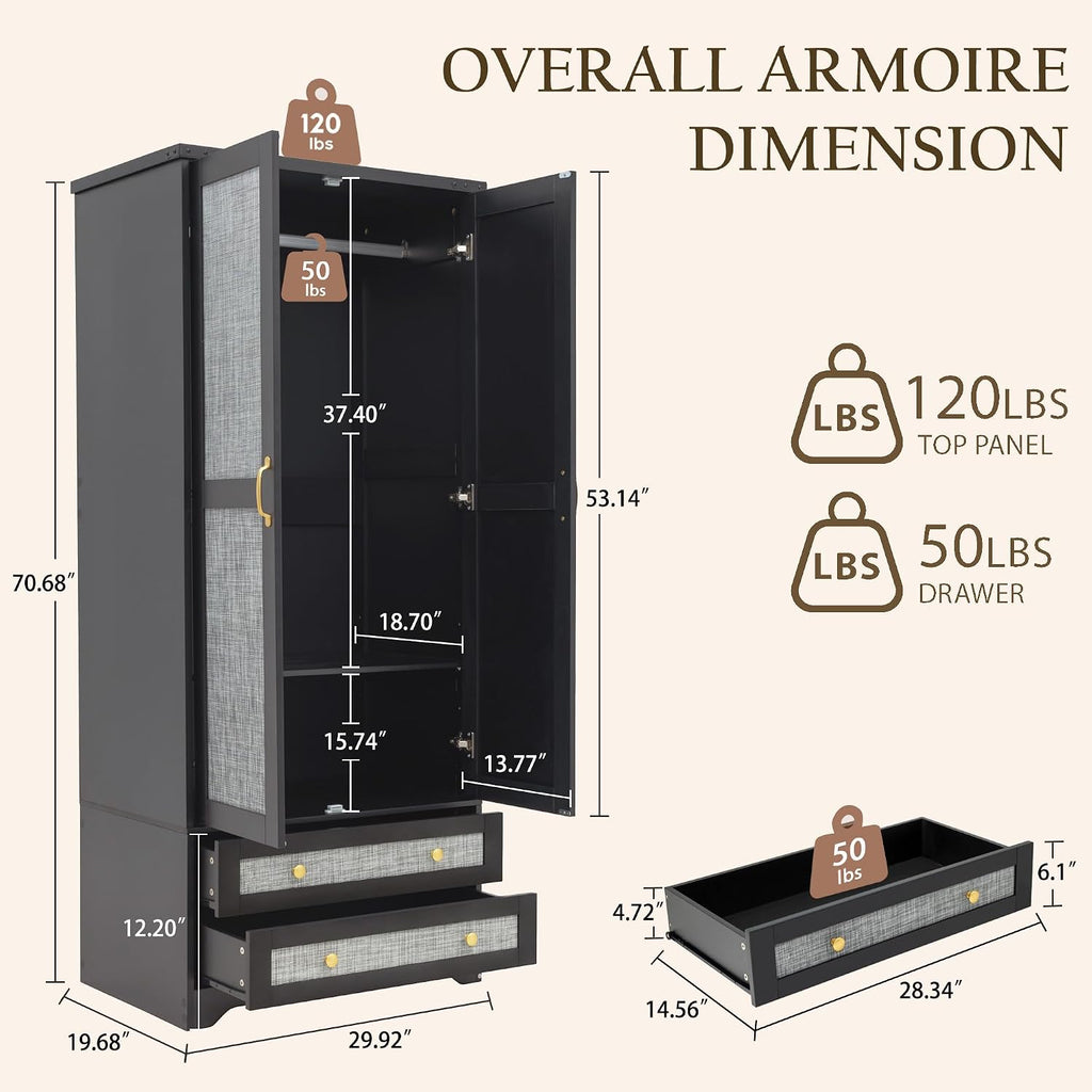 71" Wooden Armoire Wardrobe Closet with 2 Doors & 2 Drawers, Black | Modern Tall Storage Cabinet with Adjustable