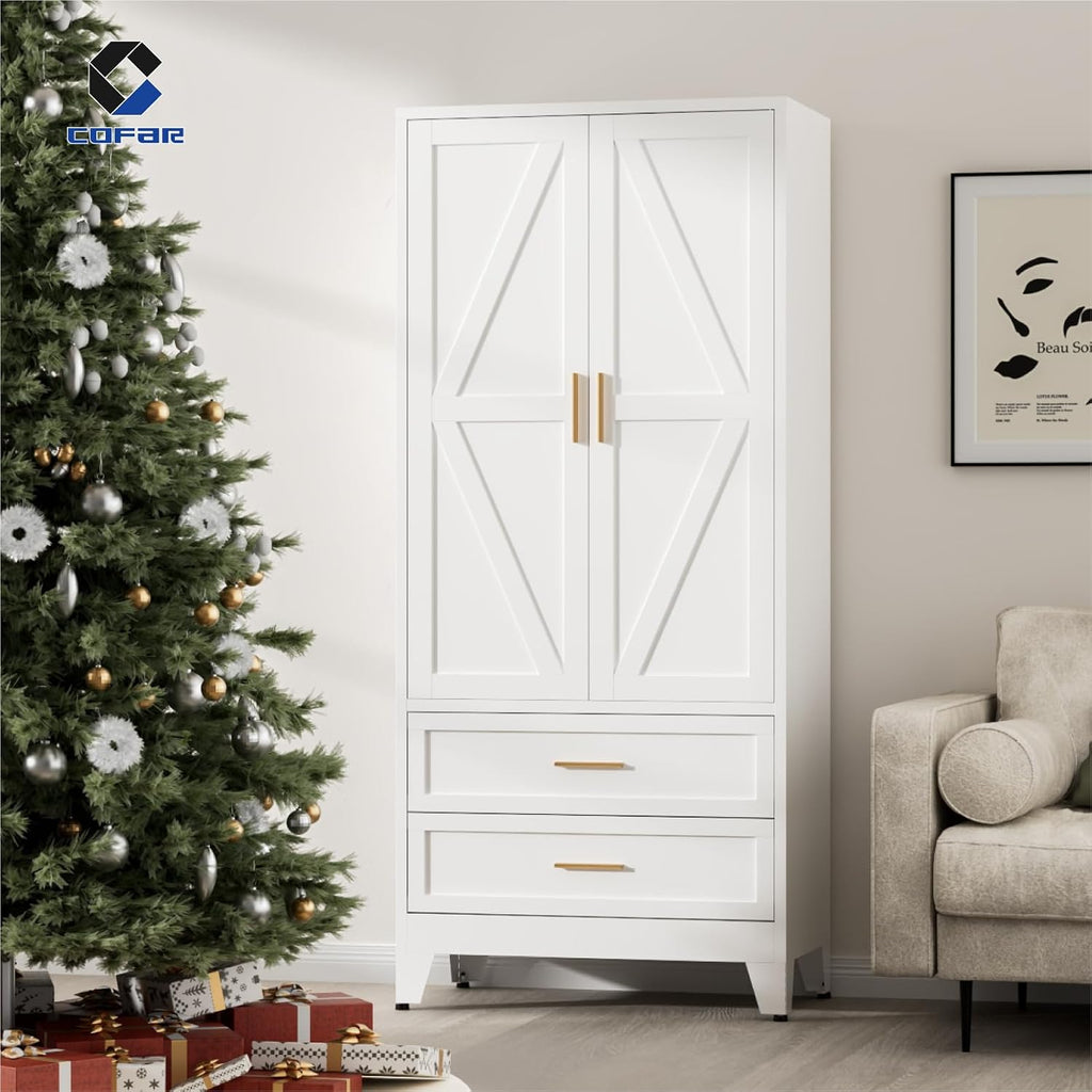 Metal Armoire Wardrobe Closet with Drawers, 71'' Tall Farmhouse Bedroom Armoires with Doors, Freestanding Steel