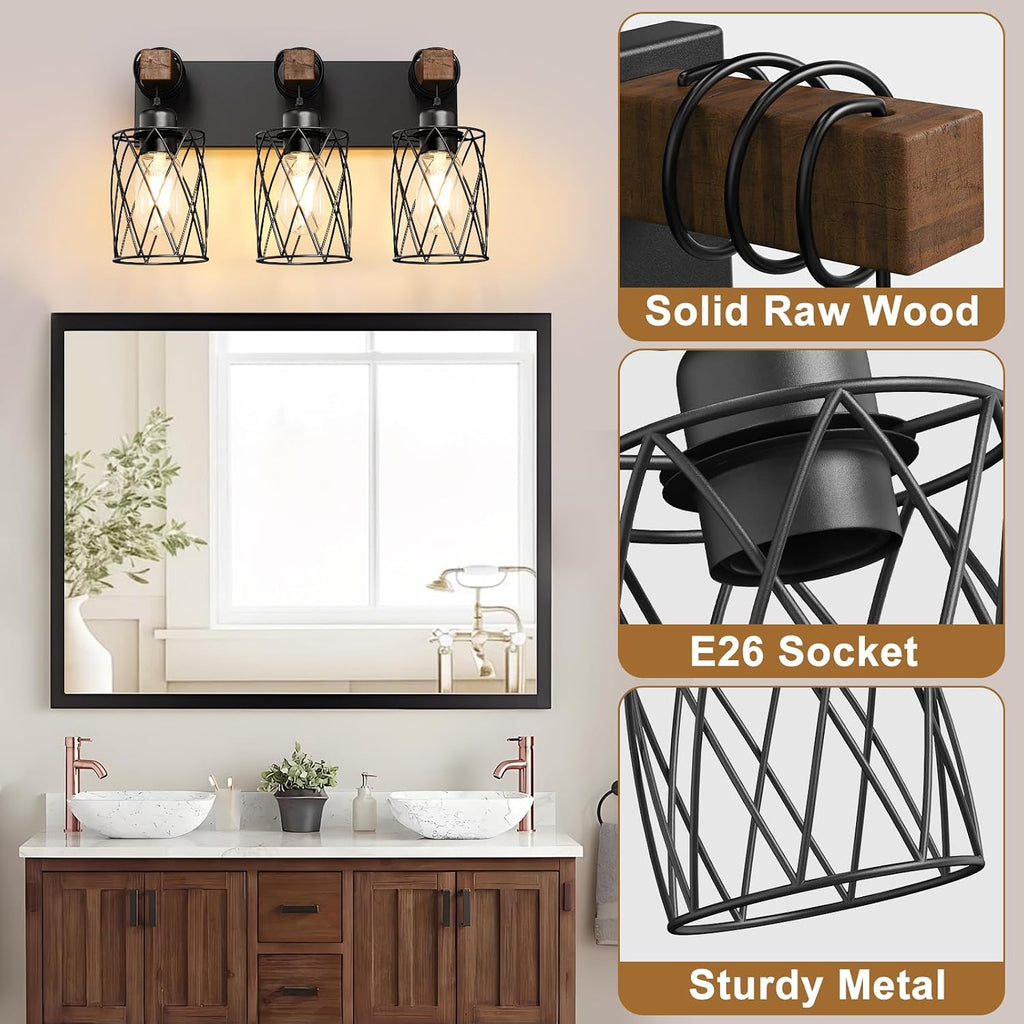 Farmhouse Bathroom Vanity Light, 3-Light Wood Bathroom Light Fixtures Over Mirror, Black Industrial Vanity Lights