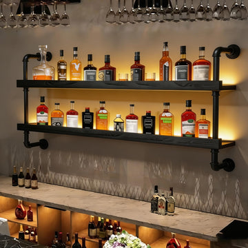 Wall Mounted Wine Rack with LED Light - 2-Tier Solid Wood Industrial Rustic Floating Shelves, Bottle Storage