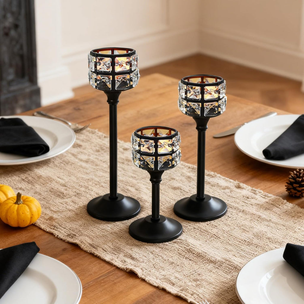 Crystal Metal Candle Holder, Square Crystal Beads Bling Tea Light Candlestick, Tall Votive Candelabra Elegant