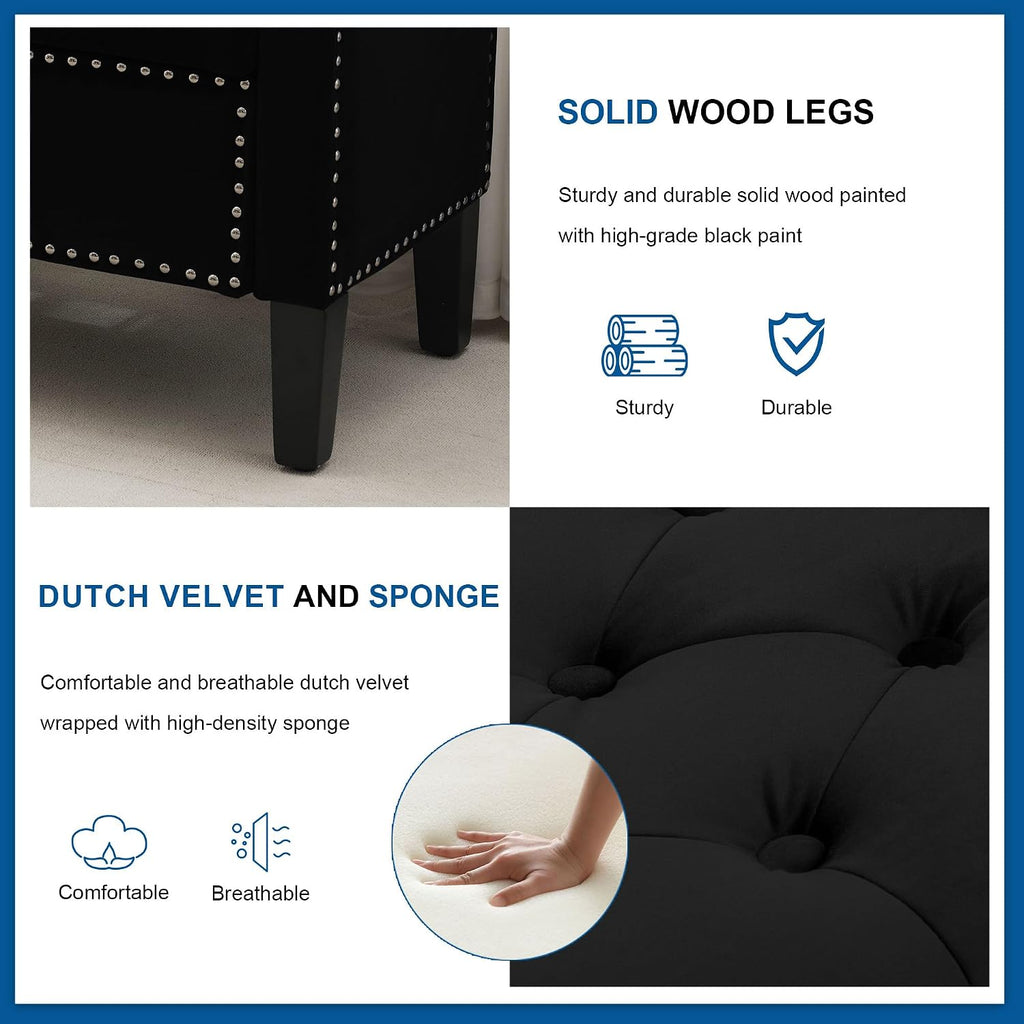 Storage Ottoman Bench, Velvet Upholstered Footstool , Tufted Seat with Storage, Wooden Legs & Metal Rivets, Black