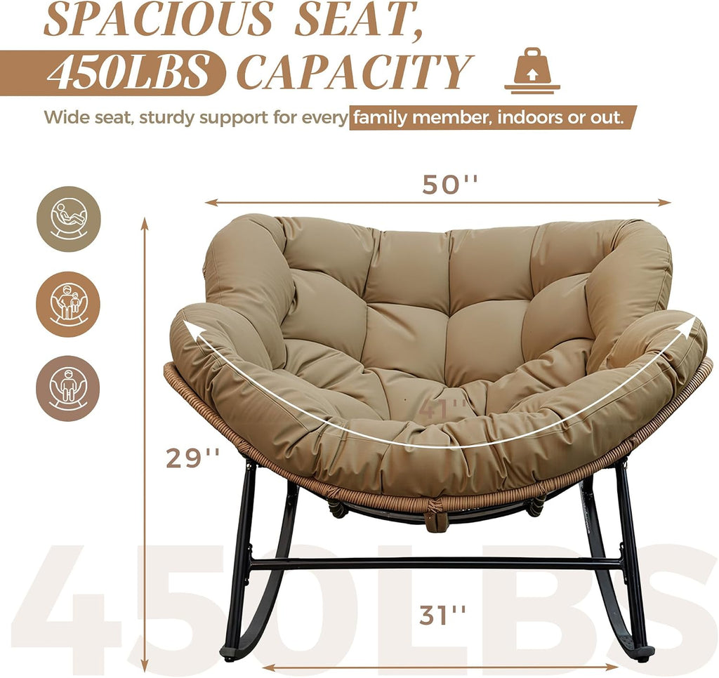 Outdoor Papasan Rocking Chair, Oversized Egg Patio Lounge Chair | 450 Lbs Capacity, Large Size, Brown Rattan Frame