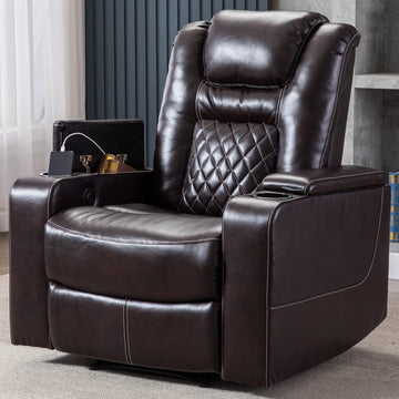 Electric Power Recliner Chair with USB Ports and Cup Holders, Breathable Leather Home Theater Seating with Hidden Arm