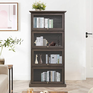 63" Tall Behind the Door Bookshelf with Flip up Glass Doors and Shelves, Farmhouse Barrister Bookcase, Antique