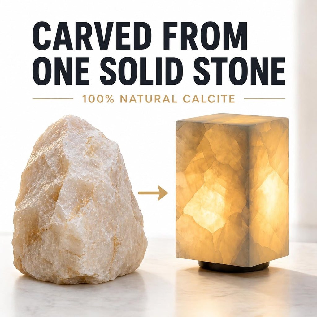 Natural Calcite Stone Table Lamp, Handcrafted Solid Stone Lamp with Unique Crystal Texture, Dimmable 3-Color LED
