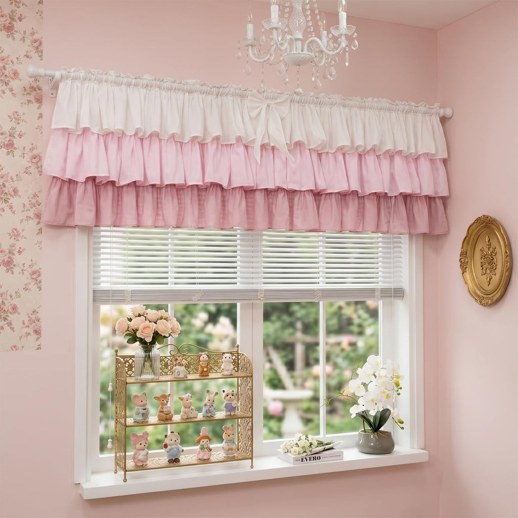 Ruffled Valance Farmhouse for Small Window White Pink Ombre 1PC