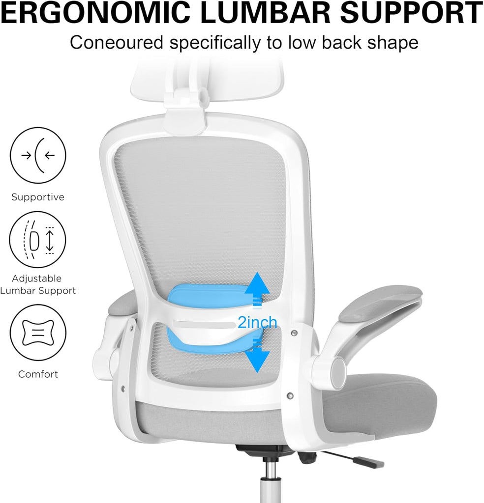 High Back Ergonomic Desk Chair with Adjustable Lumbar Support and Headrest, with flip-up Armrests for Guitar Playing