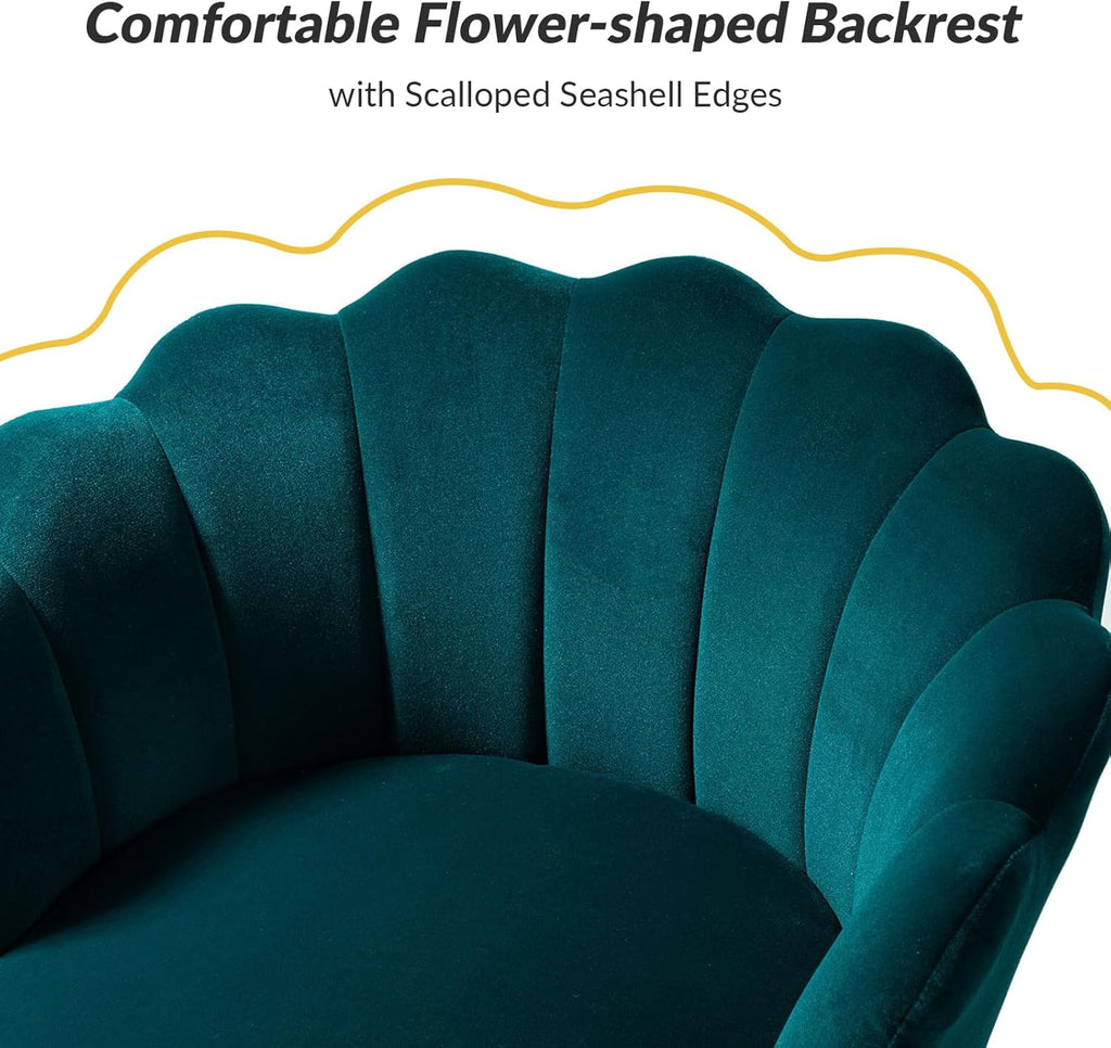 Modern Velvet Accent Chairs Set of 2 with Channel Tufted Seashell Back, Cute Living Room Bedroom Armchairs with Gold