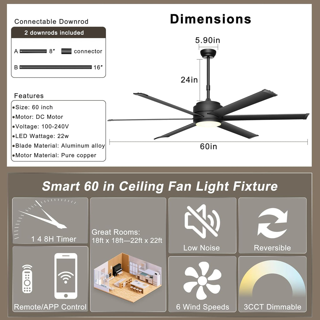 60" Industrial Ceiling Fan with Lights - Remote & APP Control, Dimmable, DC Motor, Outdoor Fan with Aluminum Blades