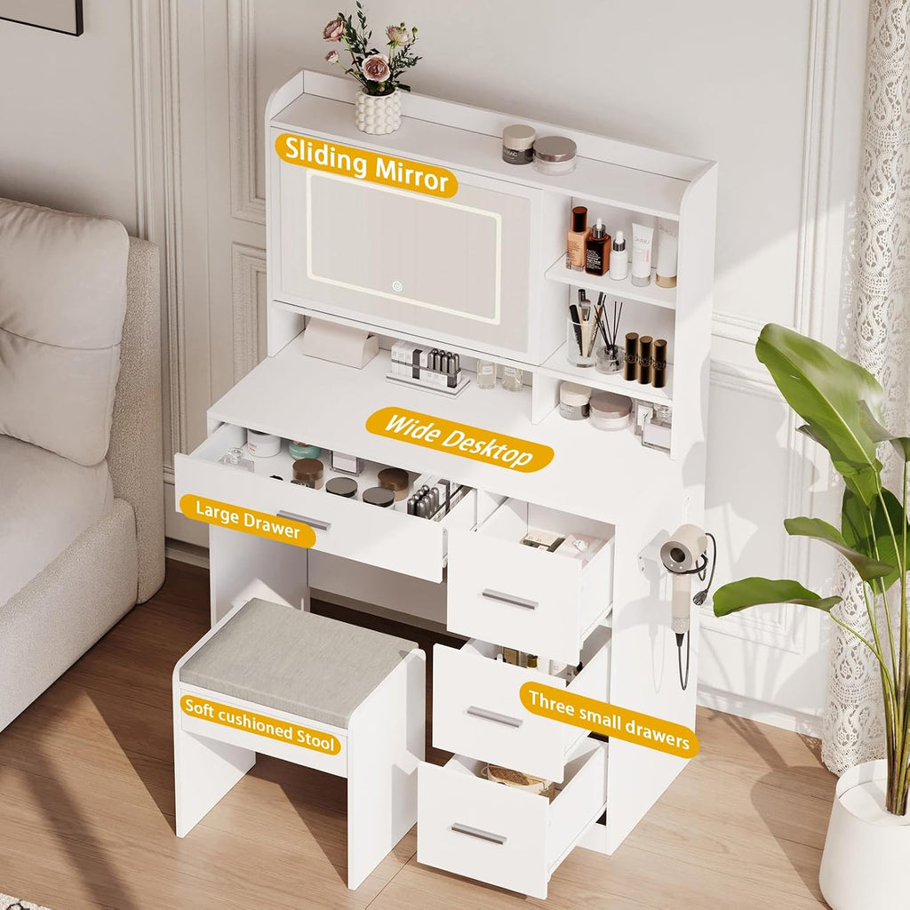 Vanity Desk with a Mirror and Lights,with Chair and Four Drawers, Three Adjustable Lighting Modes,with Power Outlet
