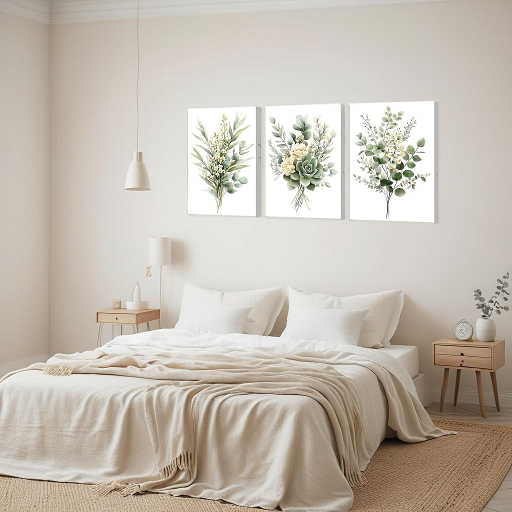 Sage Green Botanical Wall Art, Watercolor Framed Canvas Prints Modern Green Plant White Floral Decor Living Room