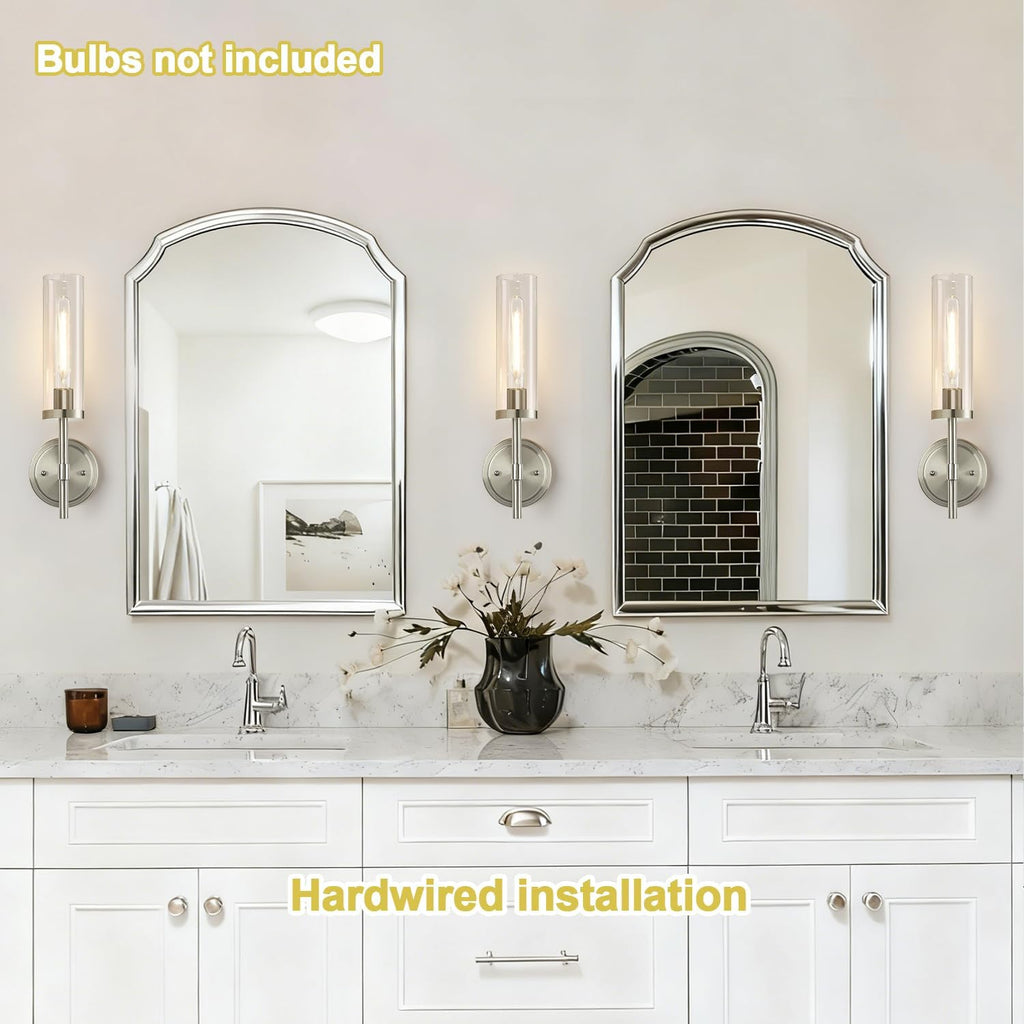 Wall Sconces Set of Two, Brushed Nickel Bathroom Sconces with Clear Glass, Hardwired Sconces Wall Decor Set of 2