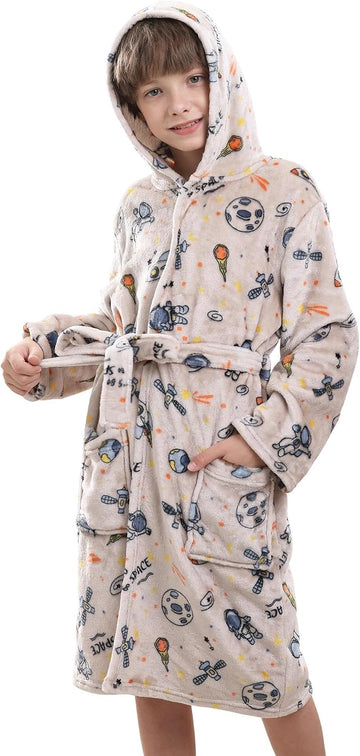 Boys Fleece Robe, Hooded Soft Fuzzy Bathrobe for Kids