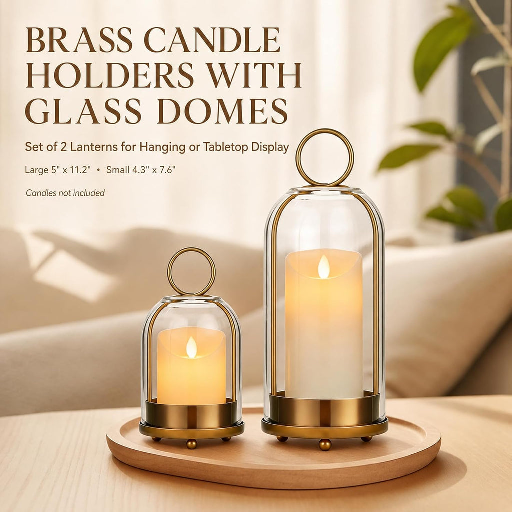Brass Candle Holder with Glass Dome, Hurricane Glass Lantern Set of 2 | (5"x11" & 4.5"x7.6"), Hanging or Tabletop