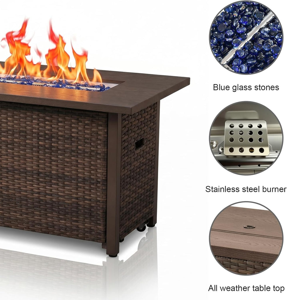 42 Inch Rectangular Propane Fire Pit Table with 50,000 BTU Output | 2-IN-1 Gas Fire Pit Table with Lid and Glass