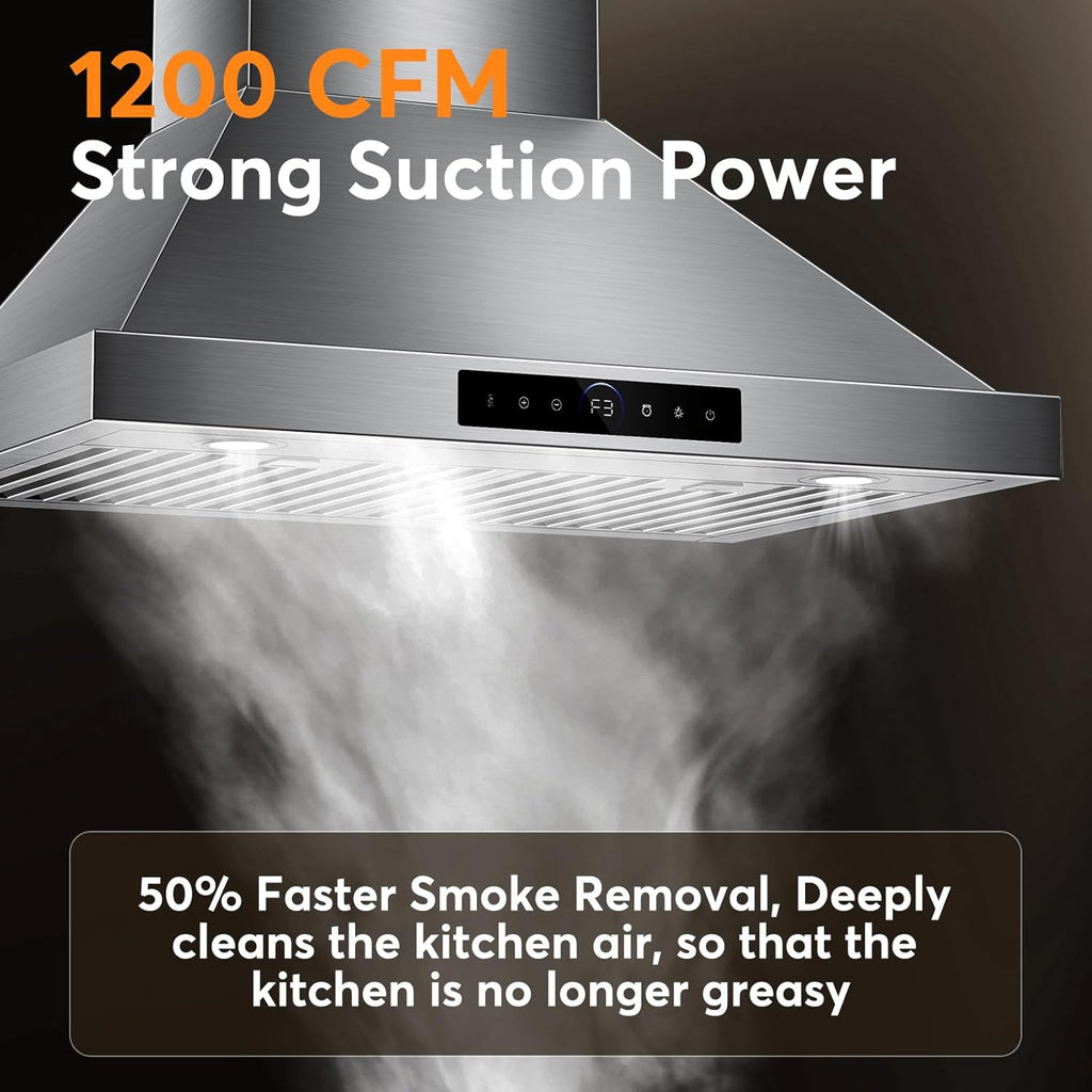 30 Inch Wall Mount Range Hood 1200 CFM 4 Speed Gesture & Touch Control 1500 lm LED Lighting