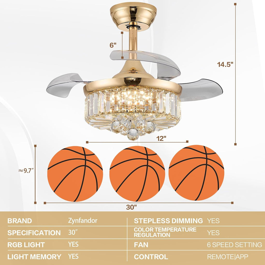 30" Retractable Crystal Ceiling Fan with Light, RGB Modern Fandelier 6 Speeds Reversible Blades Dimmable Chandelier